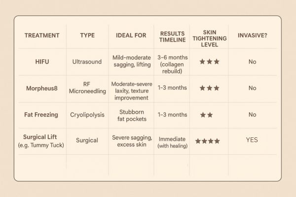 Table showing the comparisons of Skin tightening Maidstone treatment options.
